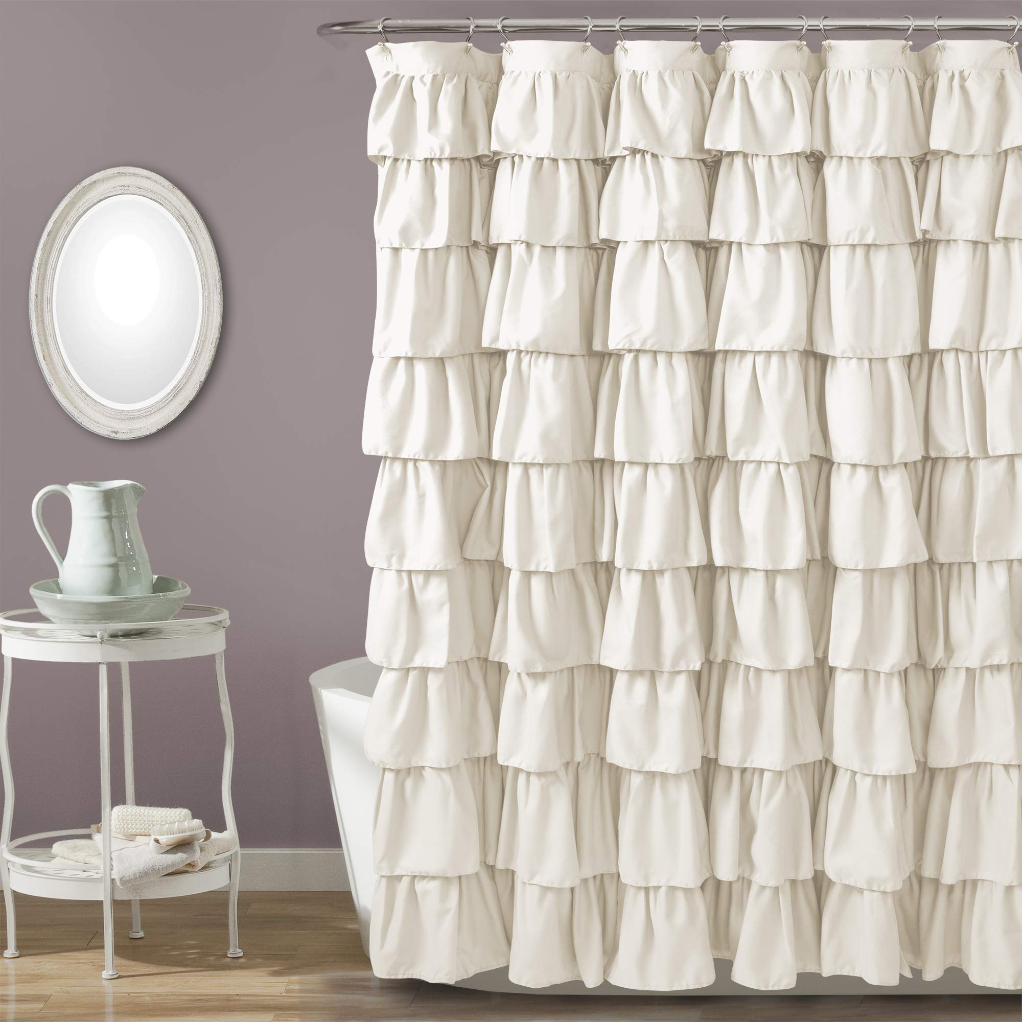 Lush Decor Ruffle Shower Curtain | Floral Textured Vintage Chic Farmhouse Style Design, Ivory, 72' X 72'
