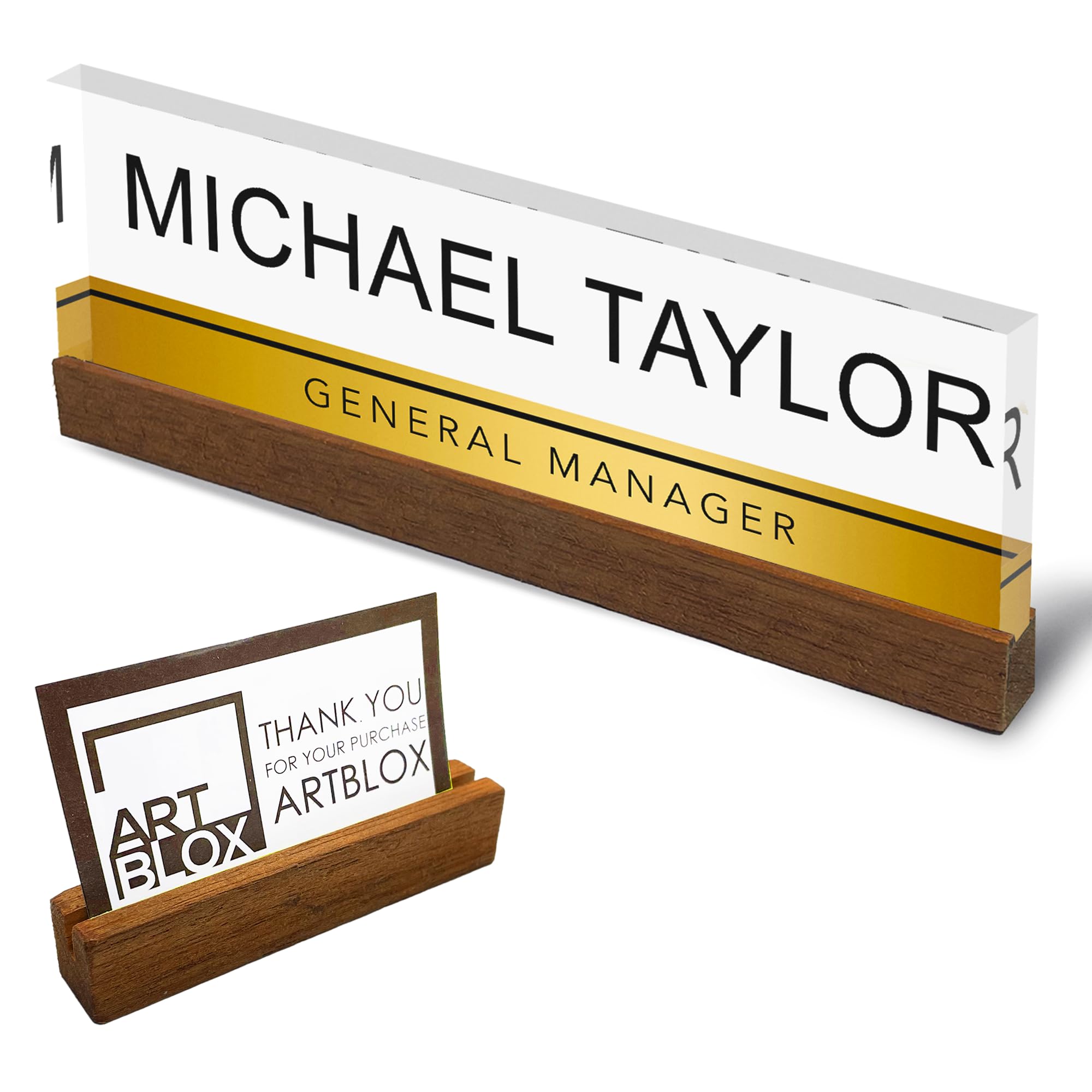 Artblox Personalized Office Desk Name Plate With Business Card Holder | Clear Acrylic Glass With Teak Wood Stand | Gold Stripe D