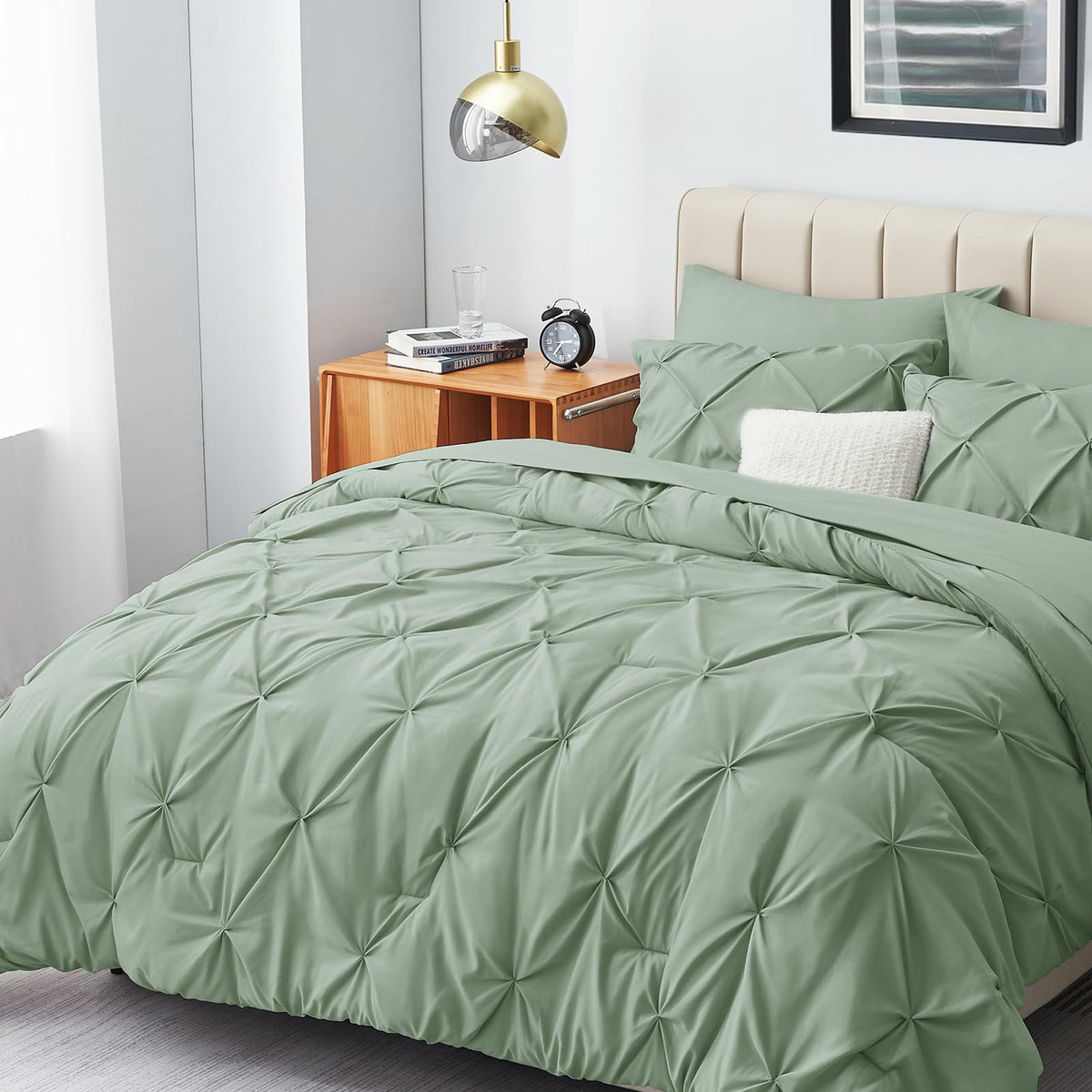 HIMHIMEET Sage Green Comforter Set Queen 7 Pieces Green Comforter Queen Bedding Set Pintuck Green Queen Comforter Set Pinch Plea