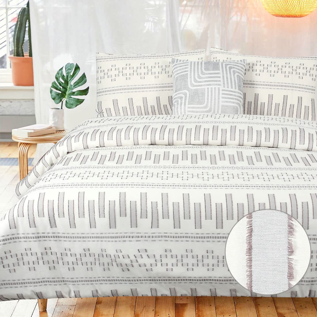 Yinfung Boho Duvet Cover Textured King Ivory Grey 100% Cotton Farmhouse Geo Geometric Pattern Jacquard Clipped Yarn Dyed Tufted
