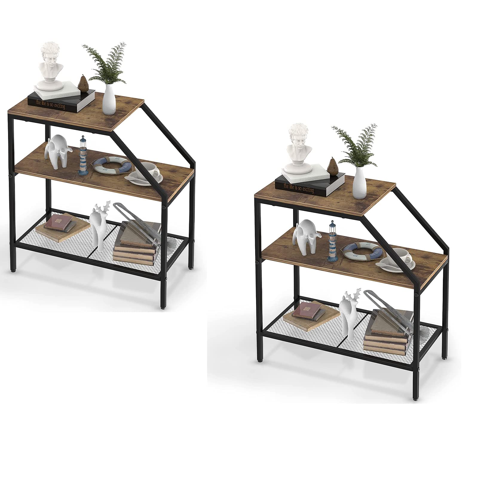 Wolawu End Table 3 Tiers Shelf Rustic Brown Wood Industrial Accent Decorative Sofa Side Table Modern Trapezoid Accent Furniture 