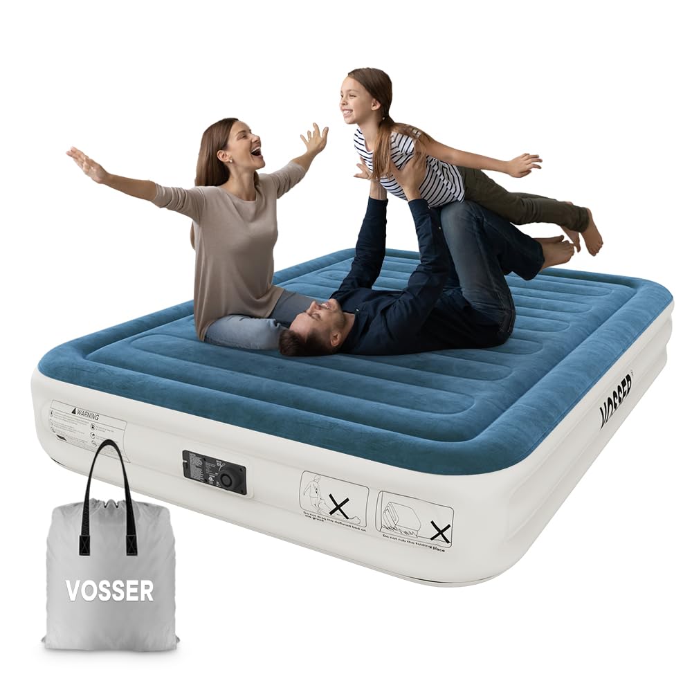 VOSSER Queen Air Mattress with Built-in Pump, 15 Inflatable Bed for Home, Camping & Guests - Fast Inflation/Deflation, Green