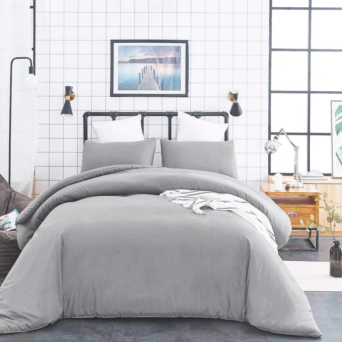 Houseri Bedding Set, Silver Grey Comforter Set, Cal King, 3 Pcs Including Comforter & Pillow Shams, Modern, Breathable Cotton, M