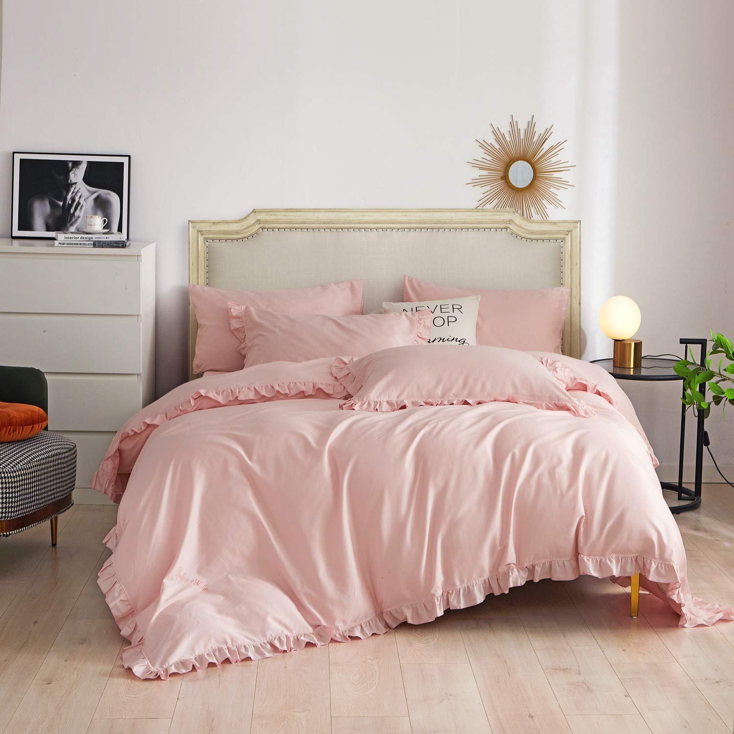 Dolce Mela Kink Size, Luscious 6 Piece Duvet Cover Set With Beautiful Ruffle Edge, 100% Long Staple Combed Cotton, Hypoallergenic, All-Season, Pink, Dm808K