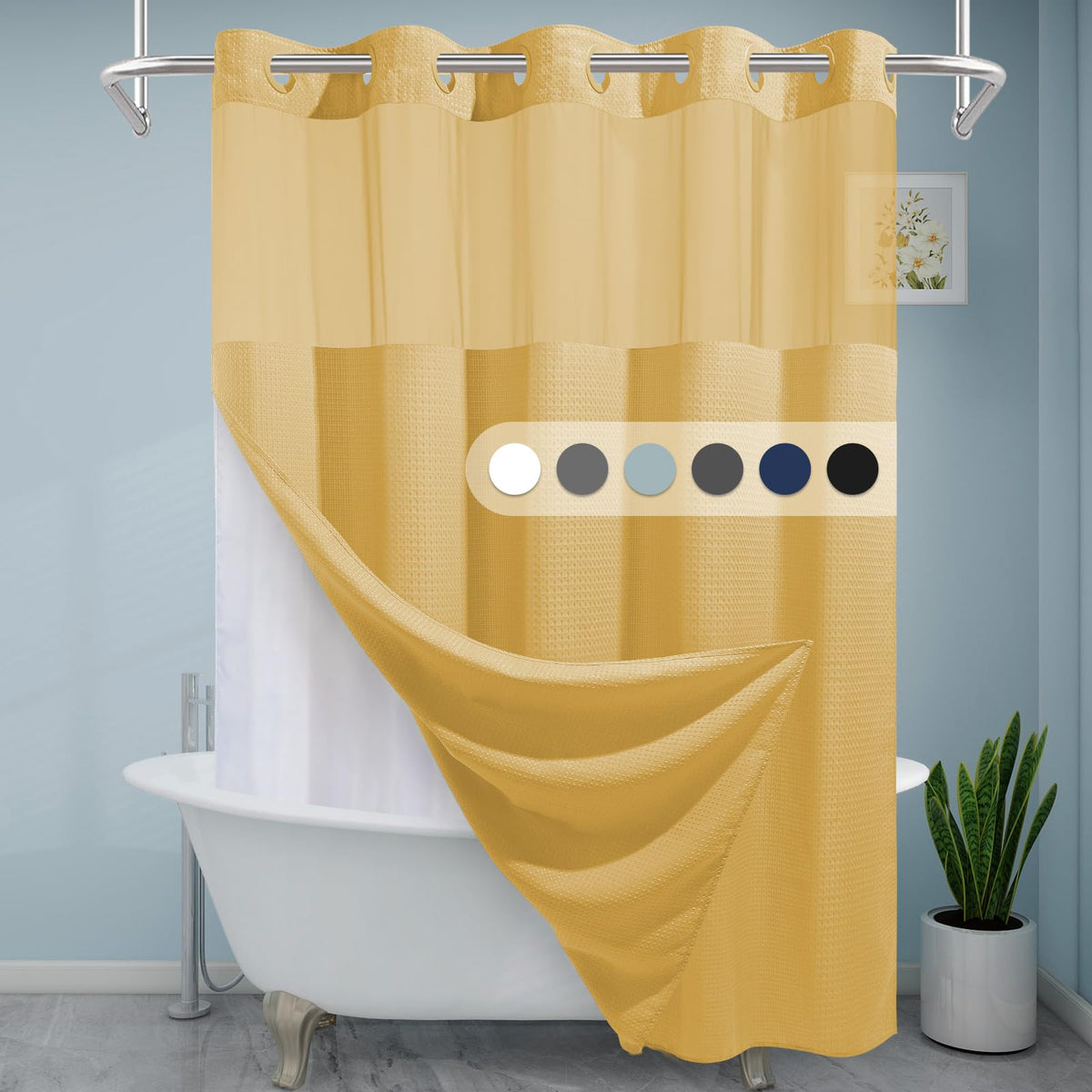 Eutxl Gold Hotel Shower Curtain - 230Gsm Waffle Textured Heavy Duty Thick Fabric Shower Curtains For Bathroom,71W X 74H