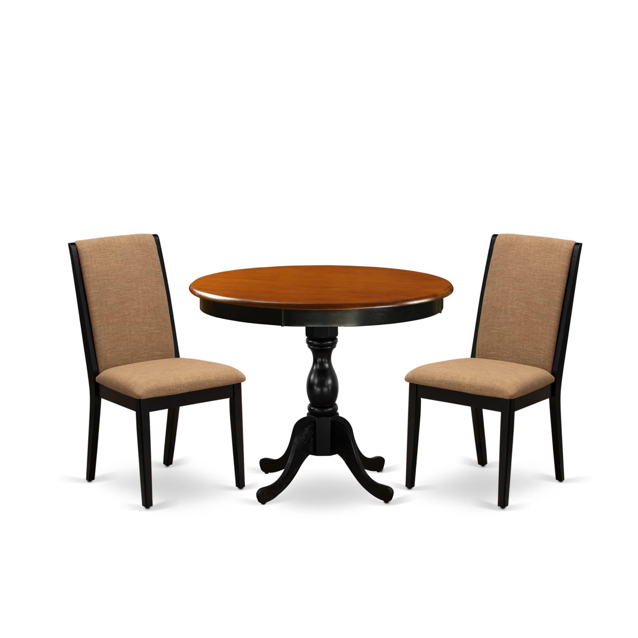 East West Furniture Amla3-Bch-47 3 Piece Dining Room Furniture Set Contains A Round Kitchen Table With Pedestal And 2 Light Sable Linen Fabric Parson Dining Chairs, 36X36 Inch, Black & Cherry