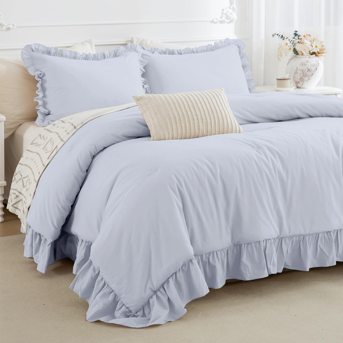 Cozytide 100% Cotton Ruffled King Comforter Set,Farmhouse Cornflower Blue Shabby Ruffle Bedding Comforter Lightweight Ultra Soft