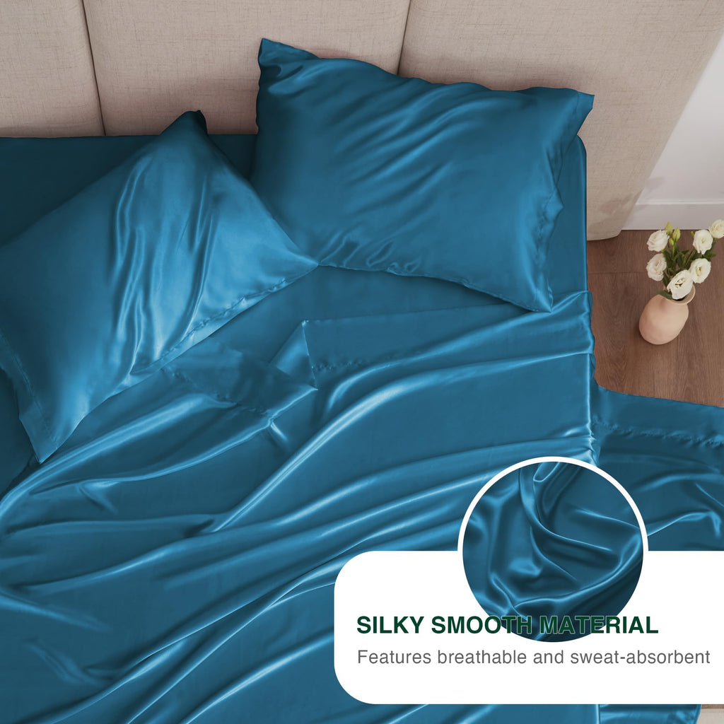 Love'S Cabin Satin Queen Sheets Set - 4 Piece Teal Silky Satin Bed Sheets Queen Set With Deep Pocket, Luxury Silk Feel Satin Queen Size Sheet Set (1 Flat Sheet,1 Fitted Sheet,2 Pillow Cases)