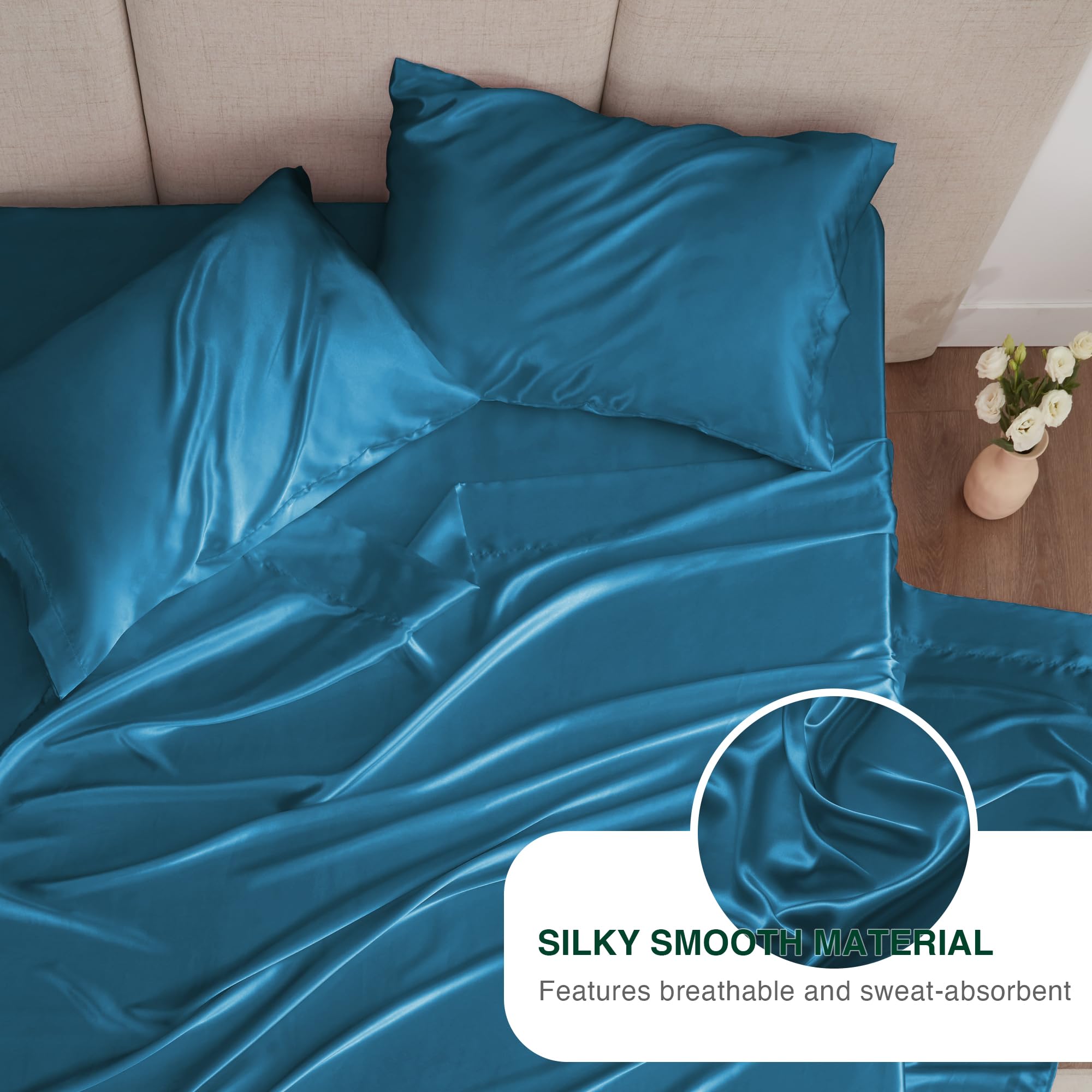 Love'S Cabin Satin King Sheet Sets - 4 Piece Teal Silky Satin Sheets King Size Bed Set With Deep Pocket, Luxury Silk Feel King Size Satin Sheet Set (1 Flat Sheet,1 Fitted Sheet,2 Pillow Cases)