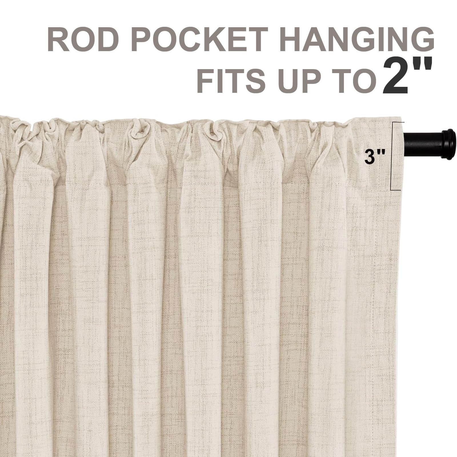 Inovaday 100% Blackout Cream Curtains For Bedroom, Thermal Insulated Linen Blackout Curtains 63 Inch Length 2 Panels Set, Back T