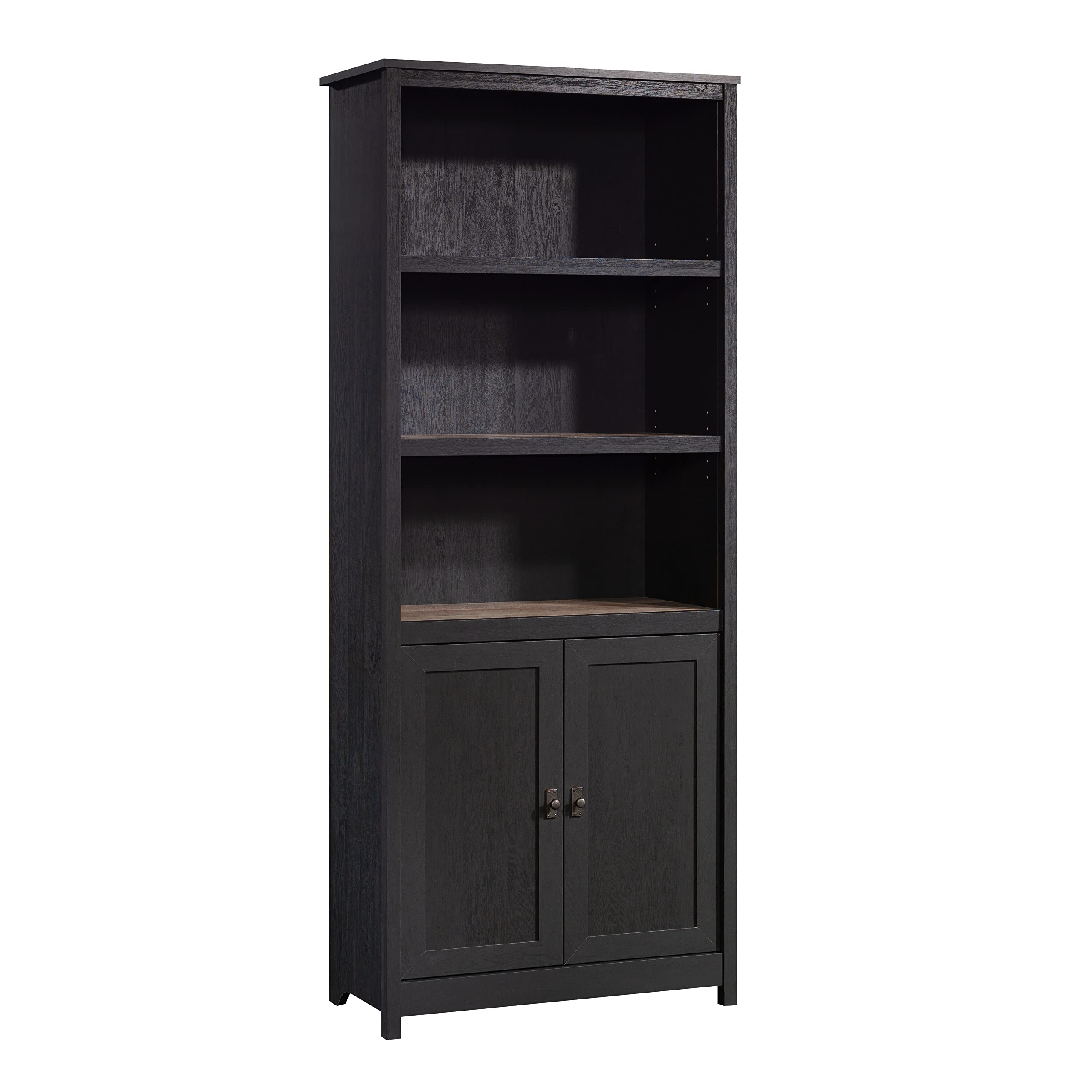 Sauder Cottage Road Book Shelf, Bookshelf with Storage, Library Bookcase with Doors and Adjustable Shelves, in Raven Oak Finish