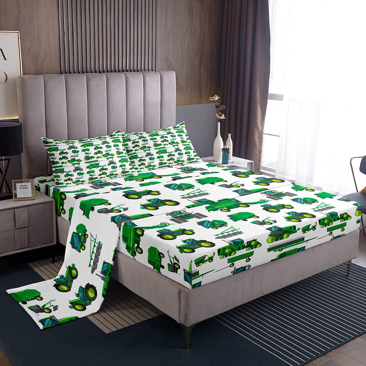 Feelyou Kid'S Sheet Set Queen Excavator Car Bedding Set For Boys Girls Children Bedroom Decor Construction Truck Tractors Bed Sh