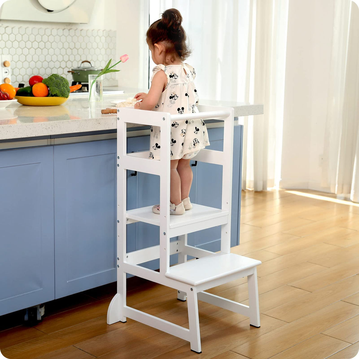 Mother'S Helper Adjustable Height Step Stool, Kids Learning Toddler Tower With Safety Rail For Kitchen Counter, Montessori Stool