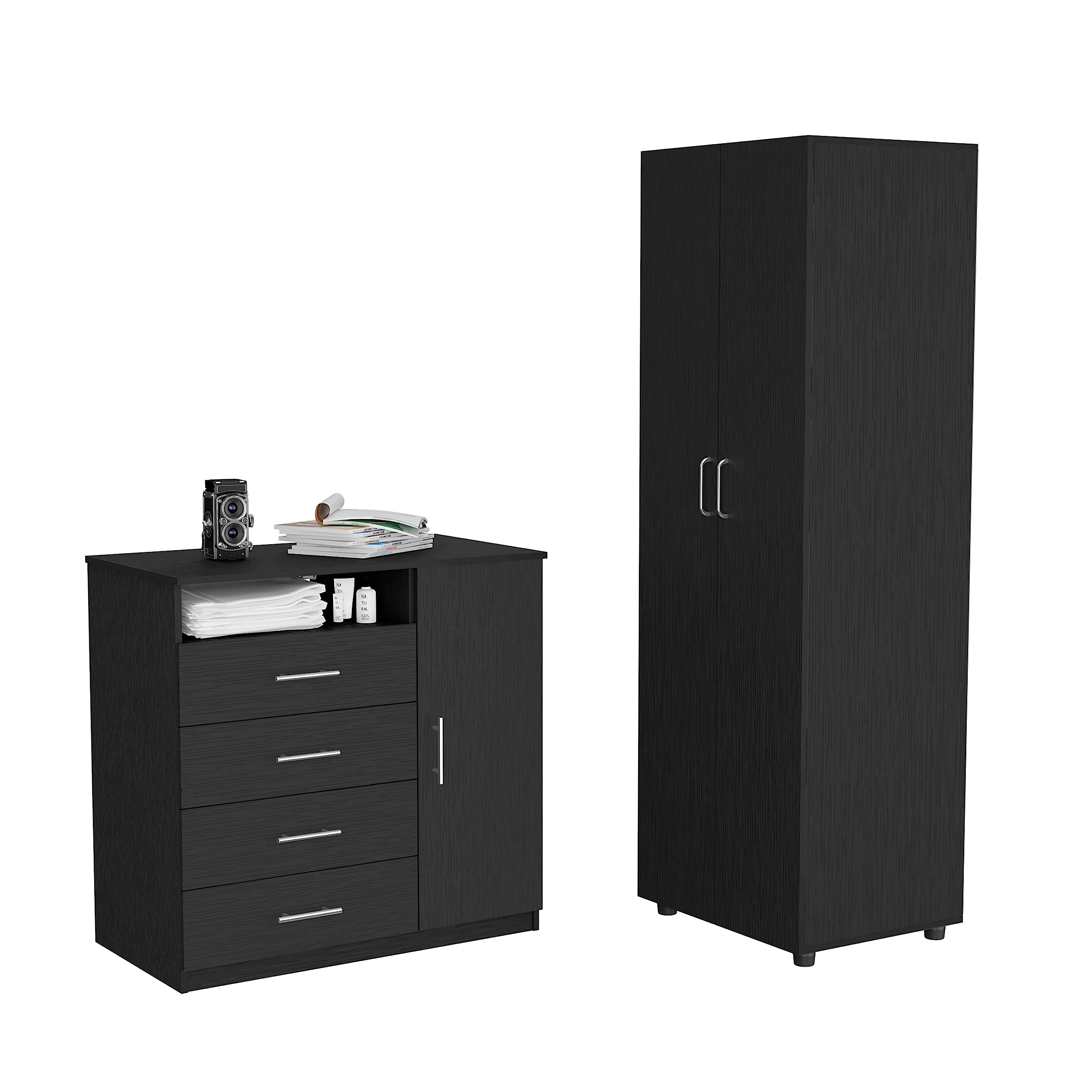 DEPOT E-SHOP Bidrell 2 Piece Bedroom Set, Armoire + Drawer Dresser, Black