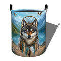 Ti Caldi Wolf Mountain Laundry Basket, Forest Animal Dreamcatcher Storage Hamper, Round Collapsible Waterproof Cloth Bin, 19.7x1
