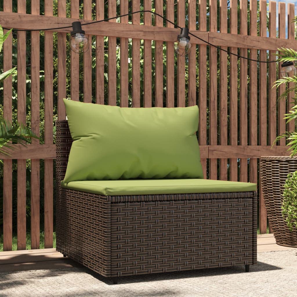 vidaXL Patio Middle Sofa with Cushions - Outdoor Furniture Piece - Durable Powder-Coated Steel - Brown Poly Rattan with Green Cushions - Weather-Resistant & Sturdy