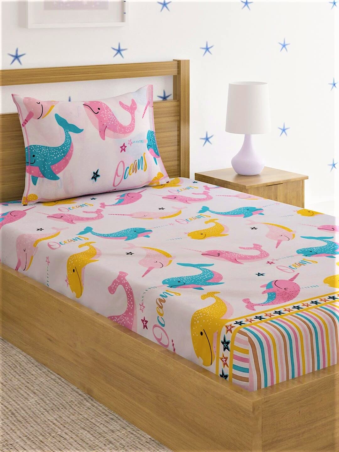 Home Sizzler 144 Tc Microfibre KidS Dolphin Single Bedsheet With 1 Pillow Cover (Pink)