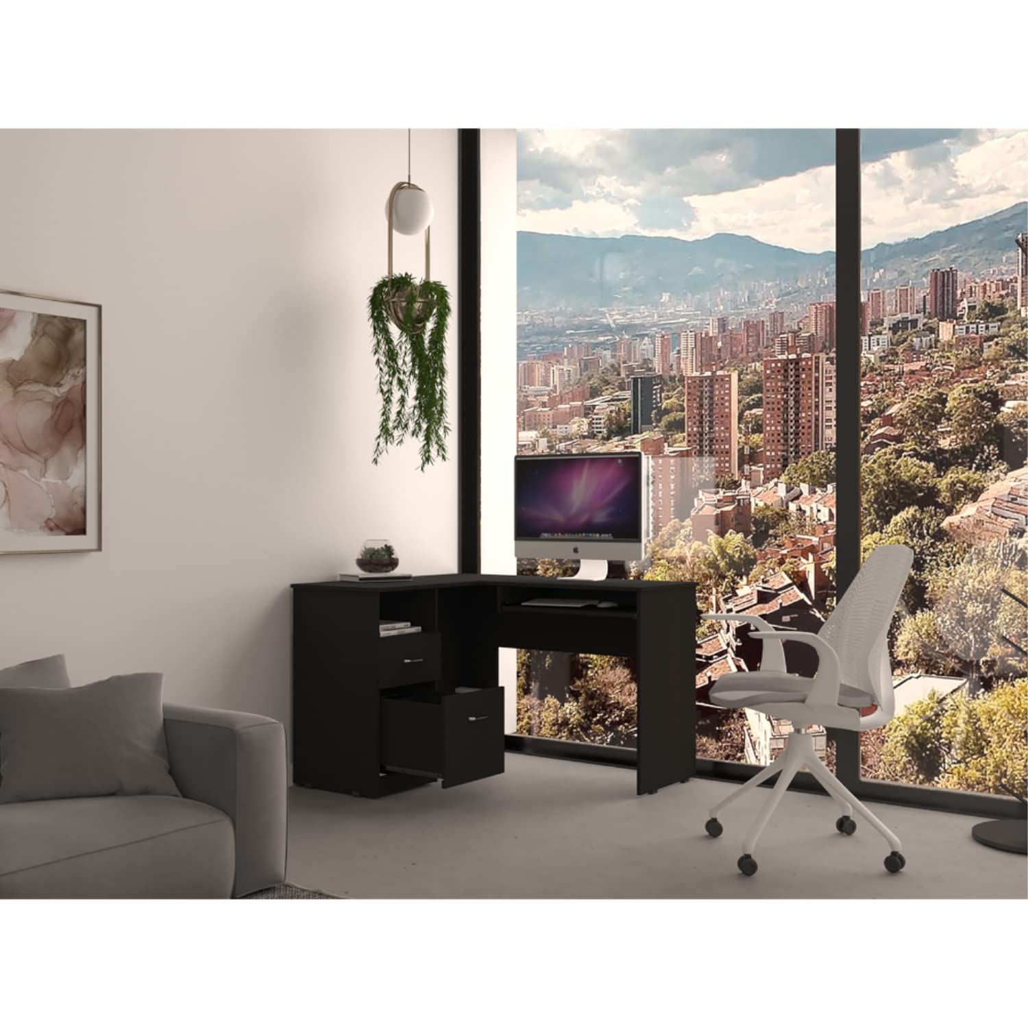 Idra L-Shaped Desk with Keyboard Tray, 2 Drawers, and Open Shelf, Black Wenge