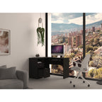 Idra L-Shaped Desk with Keyboard Tray, 2 Drawers, and Open Shelf, Black Wenge