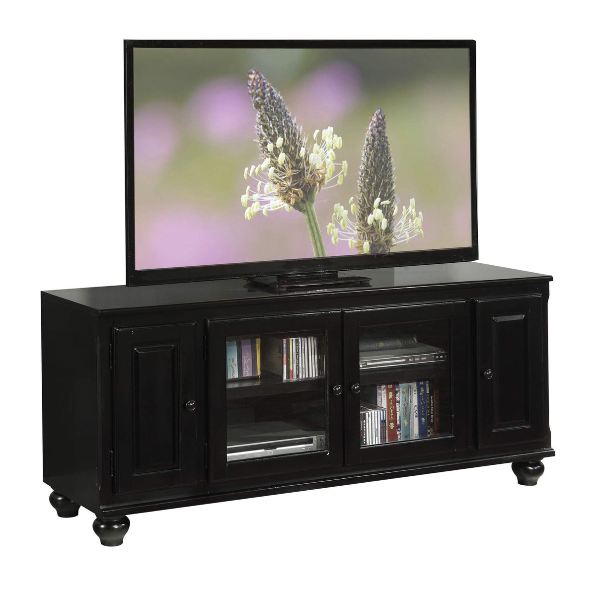 HomeRoots 19&quot; X 58&quot; X 26&quot; Black Wood Glass Veneer (Melamine) TV Stand