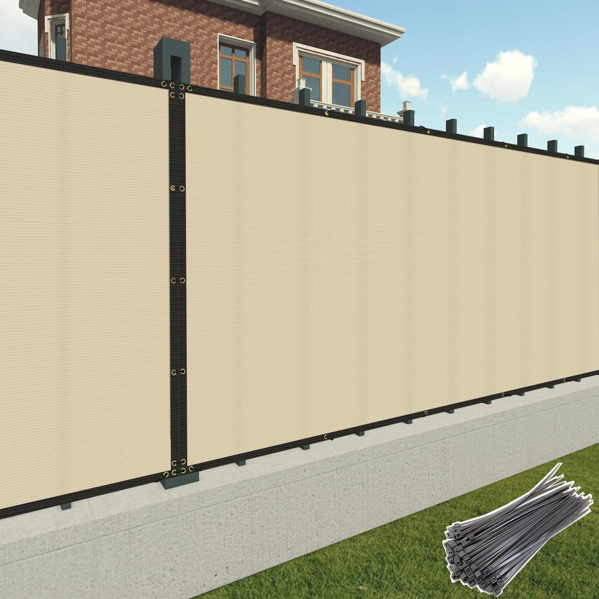 Patio 5' X 14' Fence Privacy Screen Beige Commercial Grade Mesh Shade Fabric With Brass Gromment Outdoor Windscreen - Custom Wit