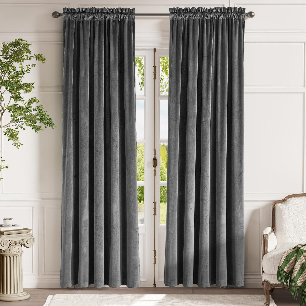 Lazzzy Blackout Velvet Curtains Grey Thermal Insulated Curtains For Bedroom Living Room Darkening Soft Luxury Noise Reducing Sou