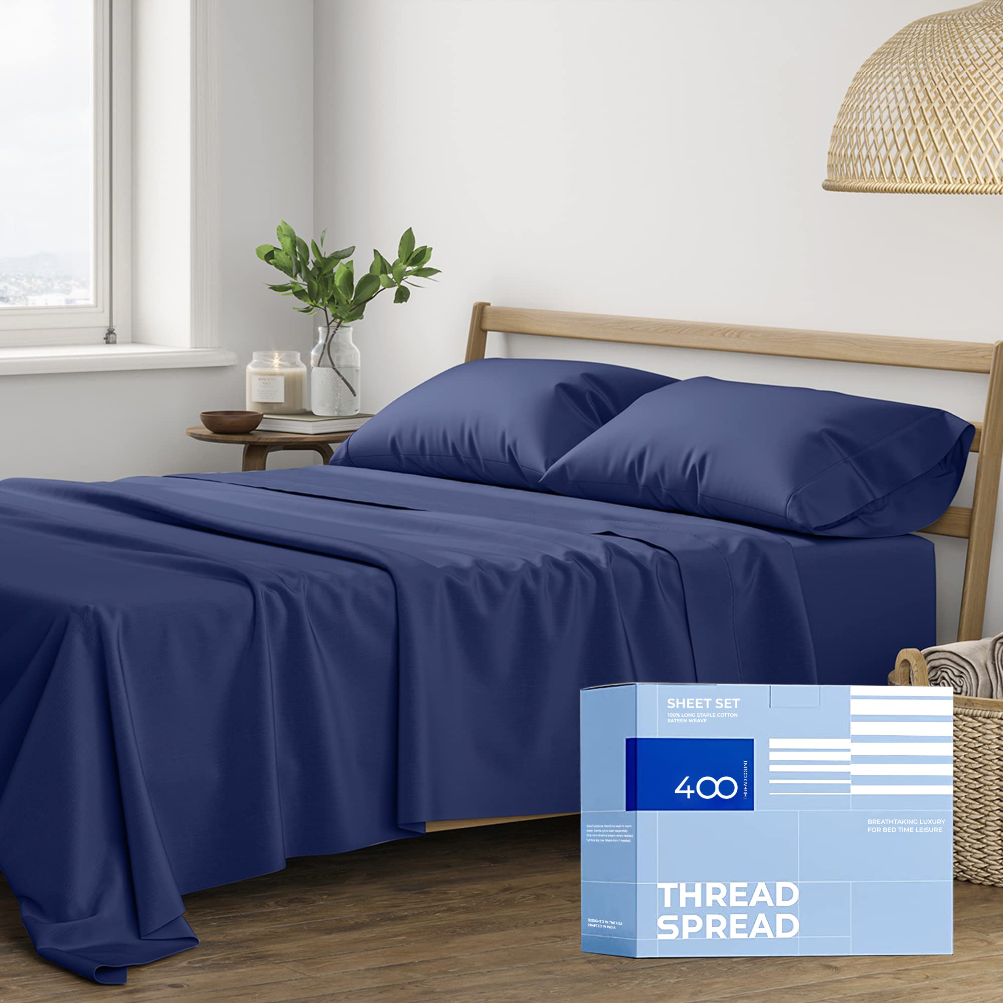 Thread Spread 100% Cotton California King Sheet Sets - 400 Thread Count 4 Pc Cal King Sheet Set - Soft, Breathable Cooling Sheets - Deep Pocket Cal King Cotton Bedsheets - Sateen Bedsheet (Navy Blue)