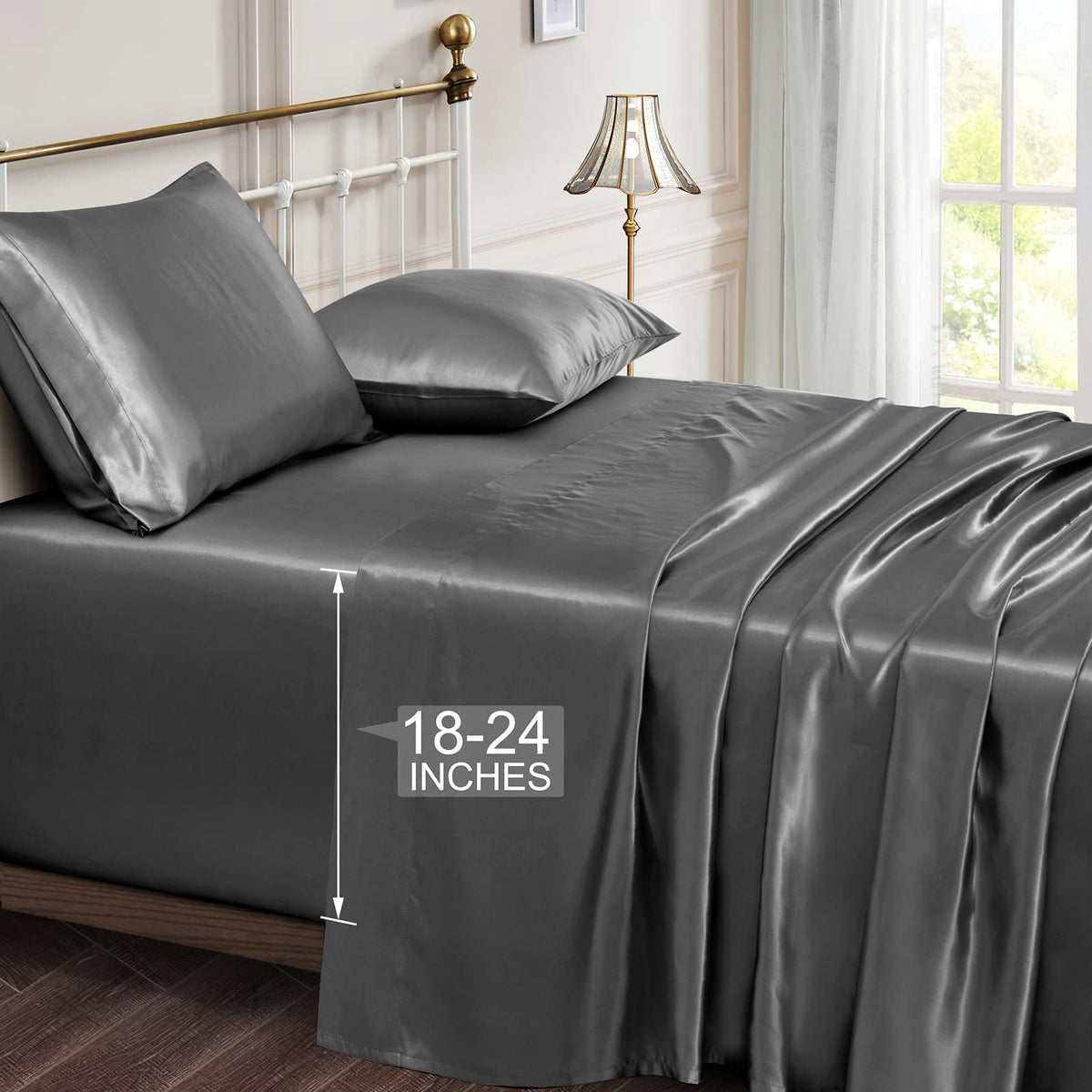 Vonty Satin Sheets Extra Deep Pocket King Size Sheets - Cooling & Silky Satin King Sheets Set With 18-24 Inch Deep Pocket, Grey