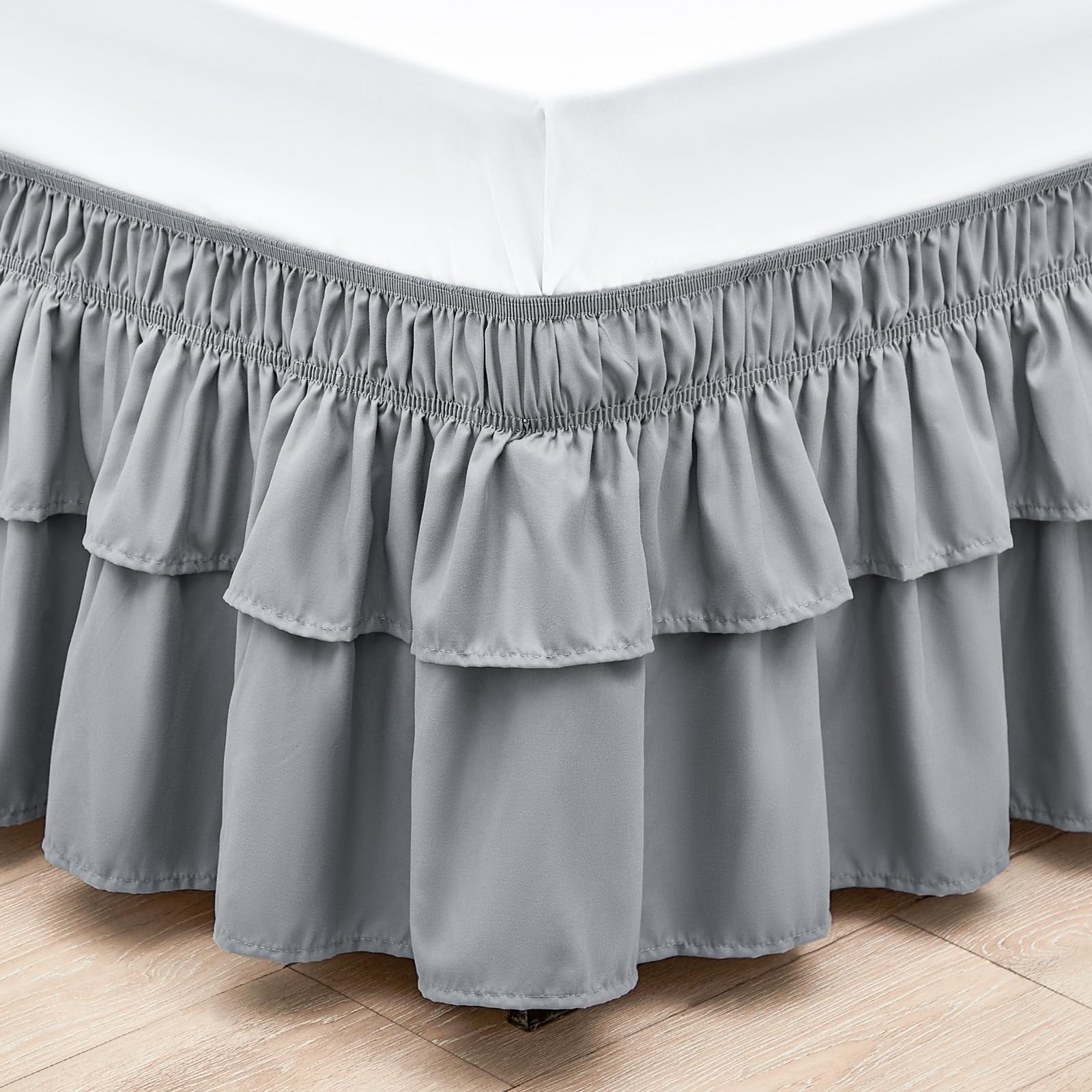 Rimela Ruffle Bed Skirt Light Grey Queen 15 Inch Drop, Elastic Wrap Around Bed Skirting Queen Size, Easy To Install Dust Ruffle,