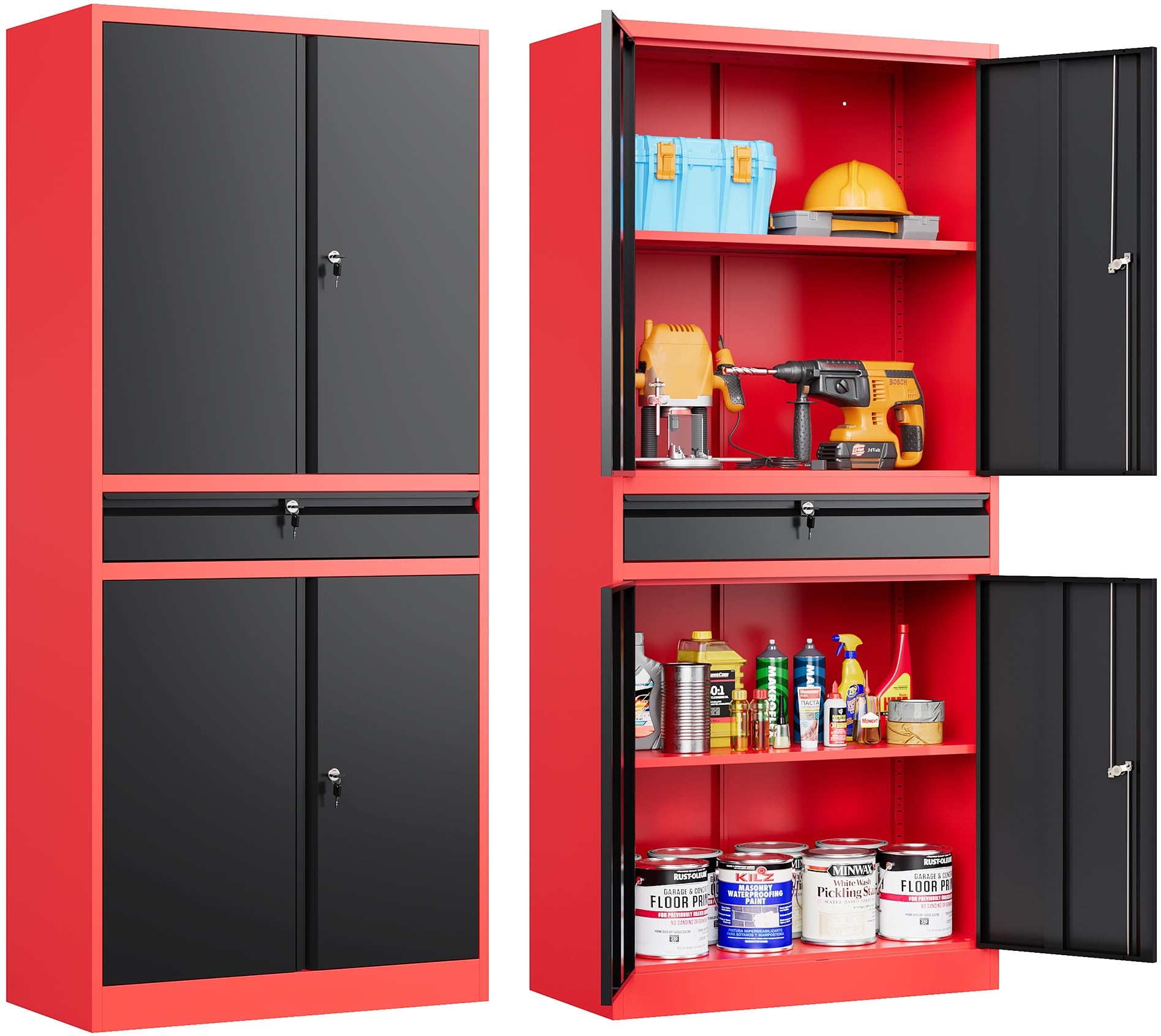 Metal Storage Cabinet with Drawer,Garage Storage Cabinet with Lock,Black Red Metal Cabinet with Doors and Shelves,Locking Steel 