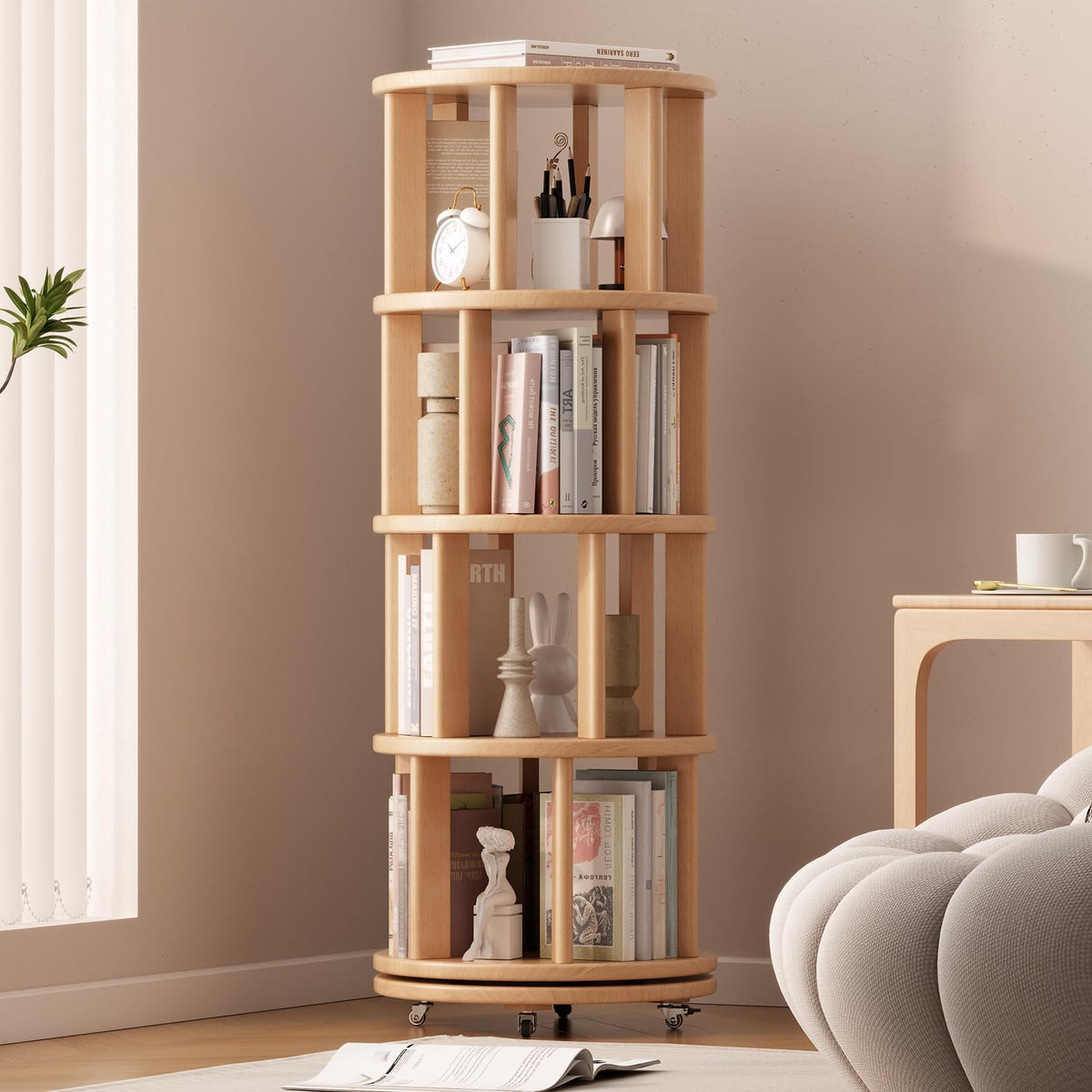 Muwuele Solid Wood Rotating Bookshelf On Wheels, 4 Tier, Round Revolving Bookcase, 360 Spinning Book Shelf Tower Kids, Narrow Ro