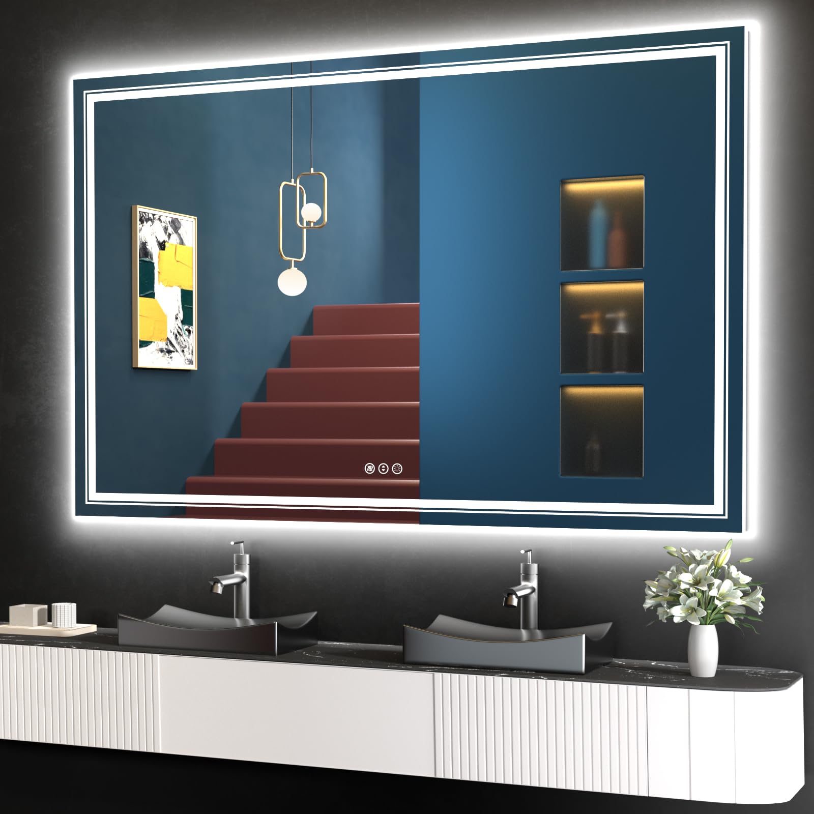 Snowdool 60X40 Front and Backlit Mirror Bathroom LED Mirror, Anti-Fog Bathroom Mirror with Lights, Stepless Dimmable, 3 Colors L