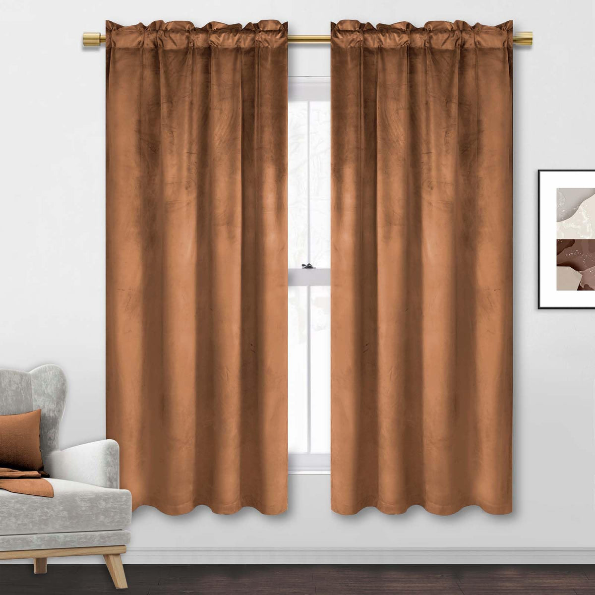 Jiuzhen Gold Brown Velvet Curtains Super Soft Thick Privacy Protect Room Darkening Window Drapes For Living Room/Bedroom, Set Of