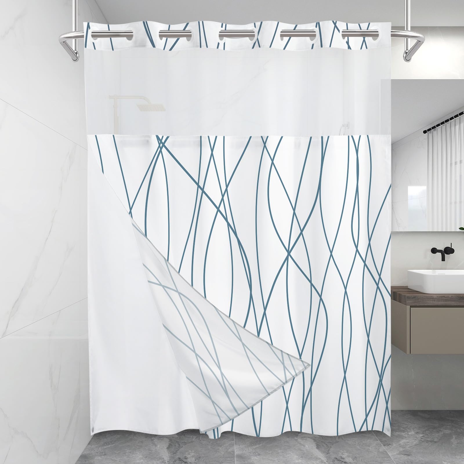 LXBNI No Hook Navy Blue Striped Shower Curtain with Snap in Fabric Liner Set - Hotel Shower Curtain and Liner Set with See Throu