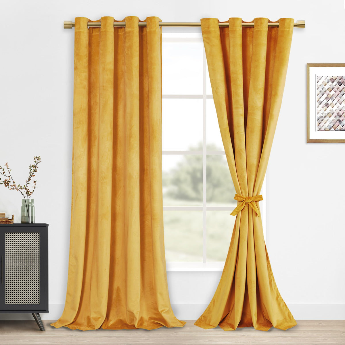 Dwcn Gold Velvet Curtains 90 Inches Long - Room Darkening Privacy Protect Window Treatments Thick Grommet Tieable Privacy Drapes