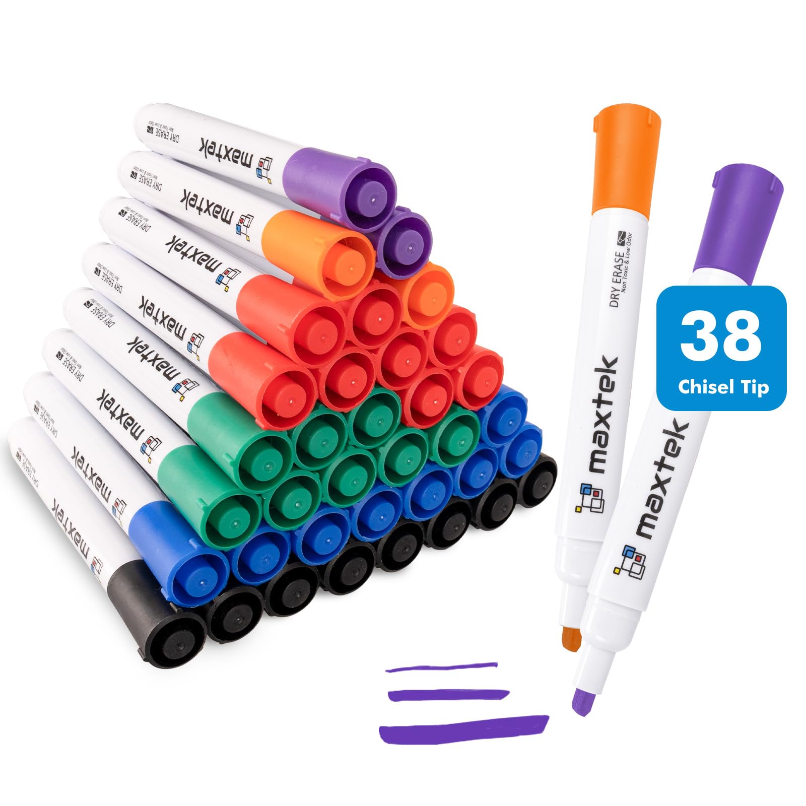 Maxtek Dry Erase Markers, 38 Count Chisel Tip Whiteboard Markers, 6 Assorted Colors, Low Odor Dry Erase Pens For School Office