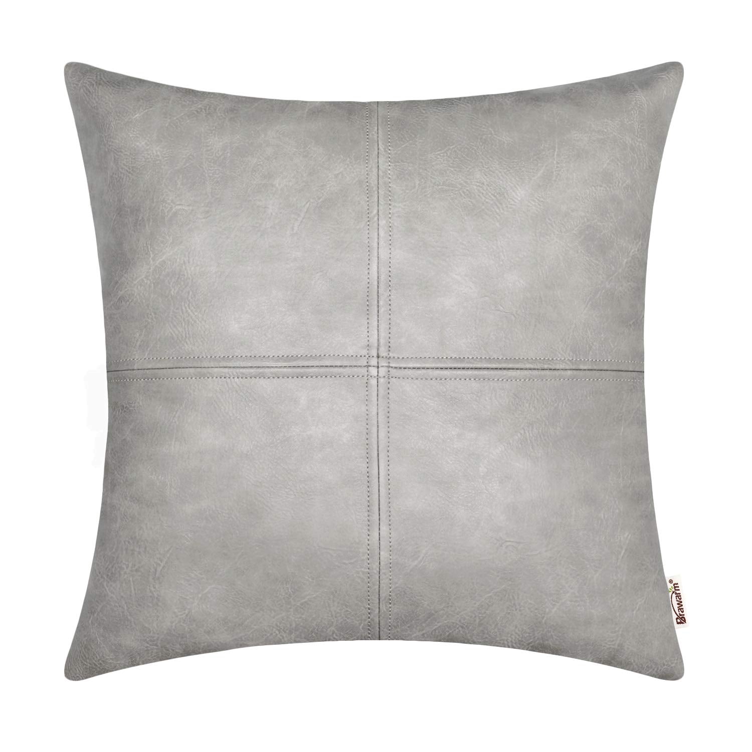 Brawarm Faux Leather Throw Pillow Covers 16 X 16 Inches, Gray Leather Pillow Cover, Hand Stitched Leather Decorative Pillow Cove
