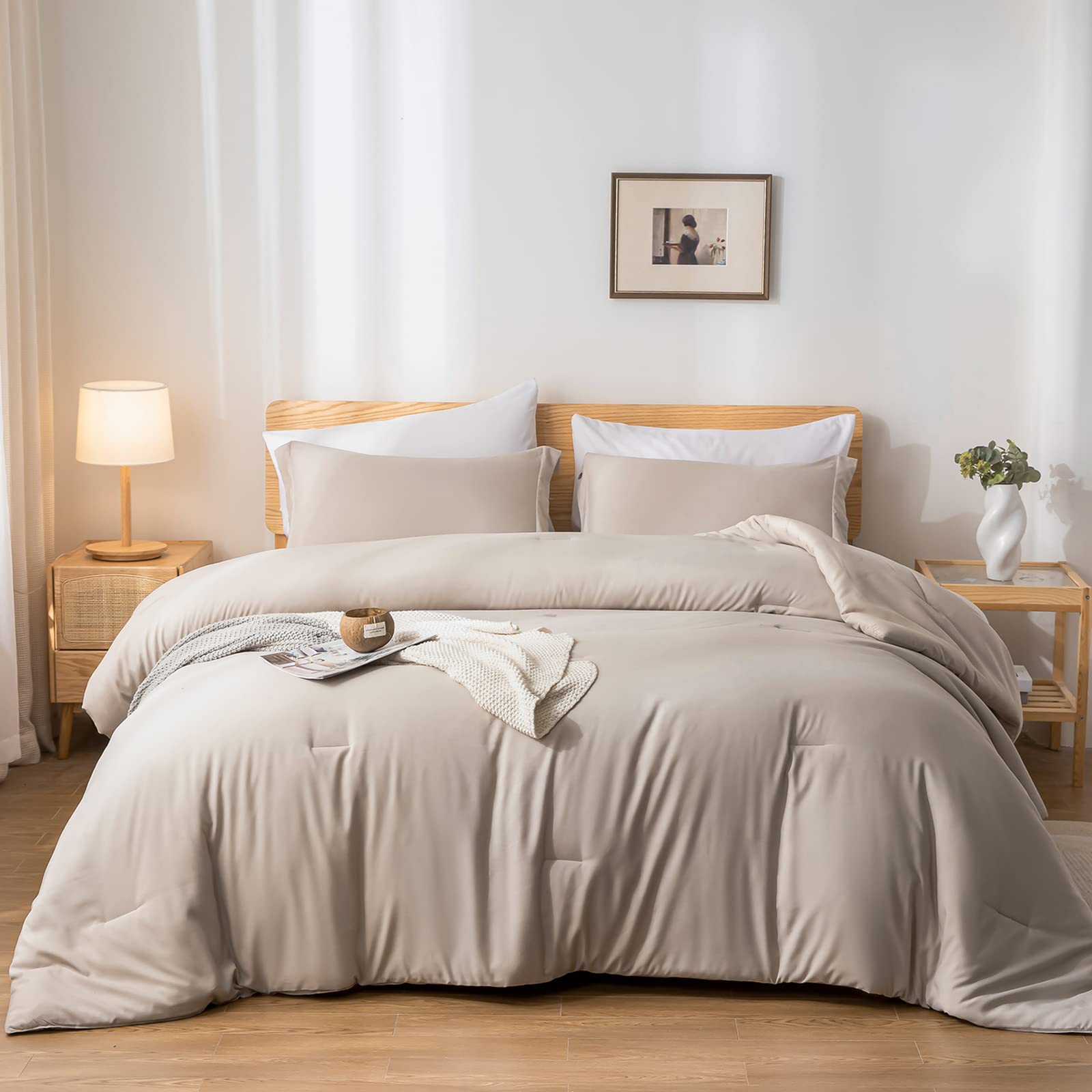 Weigelia King Size Comforter Set 7Pc Oatmeal Bed Comforter Set Bed In A Bag Solid Color Soft Microfiber Bedding Set King Comfort