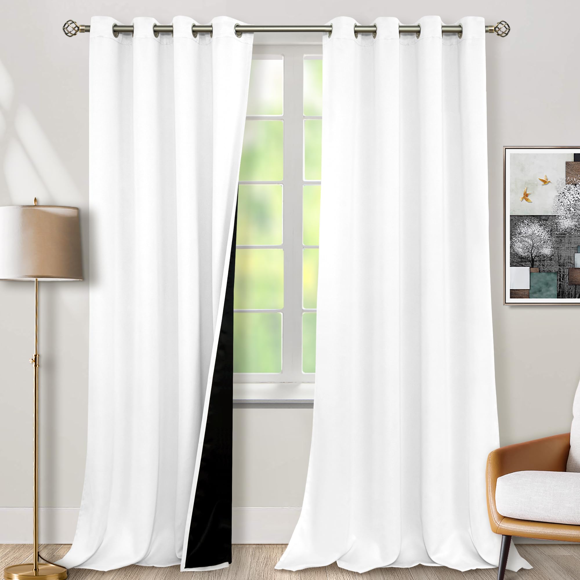 Bgment White Blackout Curtains 108 Inches Long For Living Room 2 Panels, Thermal Insulated Grommet 100% Light Blocking Curtains&