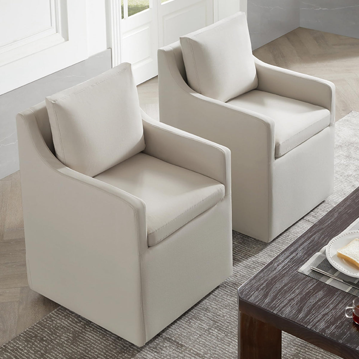 Kislot Upholstered Dining Chair With Casters Washable Cover Side Deskchair With Rollers For Diningroom Living Room,Flax Beige,2