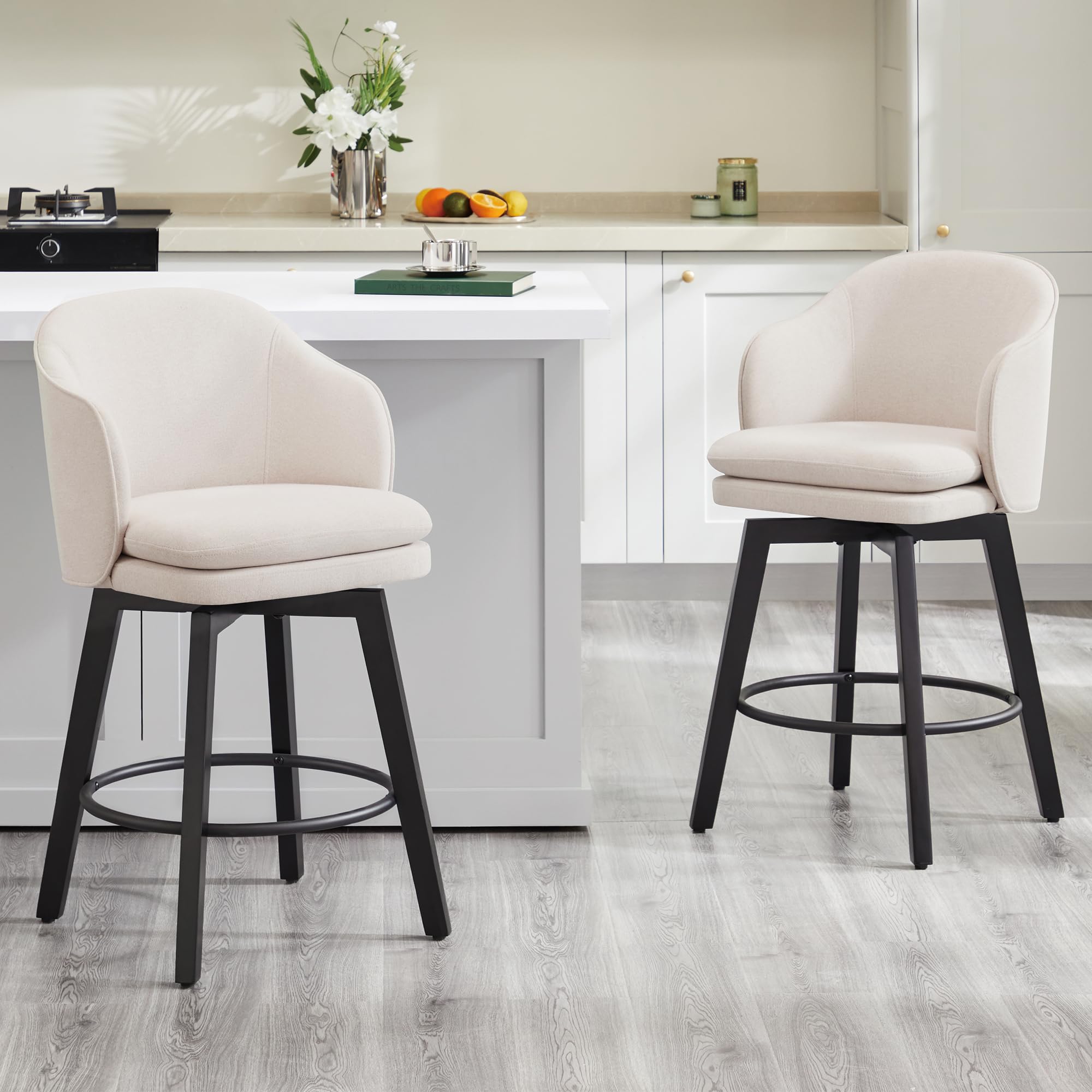 Counter Height Barstools 26 inch Upholstered Swivel Bar Stools with Back and Wood Legs for Kitchen Island,Set of 2,Beige Fabric