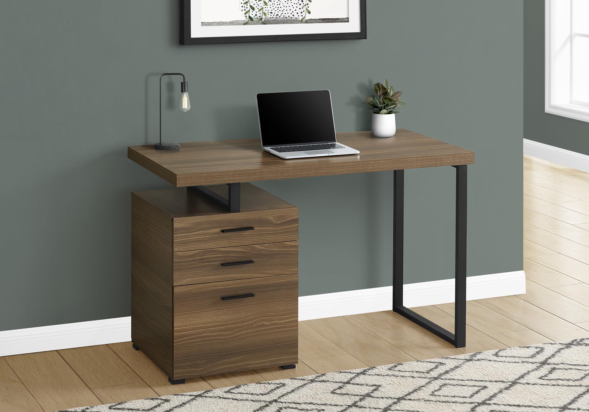 Monarch Specialties I 7640 Computer Desk, Home Office, Laptop, Left, Right Set-Up, Storage Drawers, 48&quot; L, Work, Metal, Laminate, Walnut, Black, Contemporary
