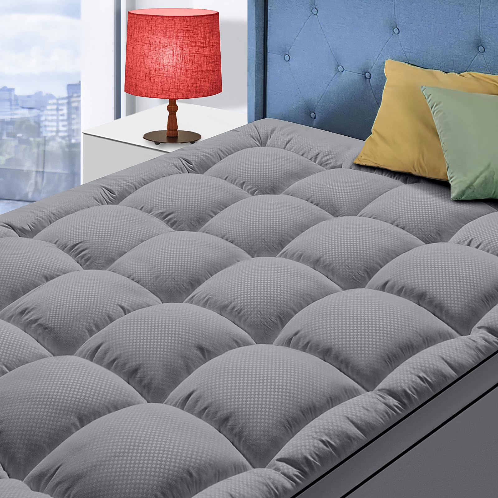 Matbeby California King Mattress Topper, Extra Thick, Quilted Fitted, Breathable, Machine Washable, Deep Pocket, Dark Grey