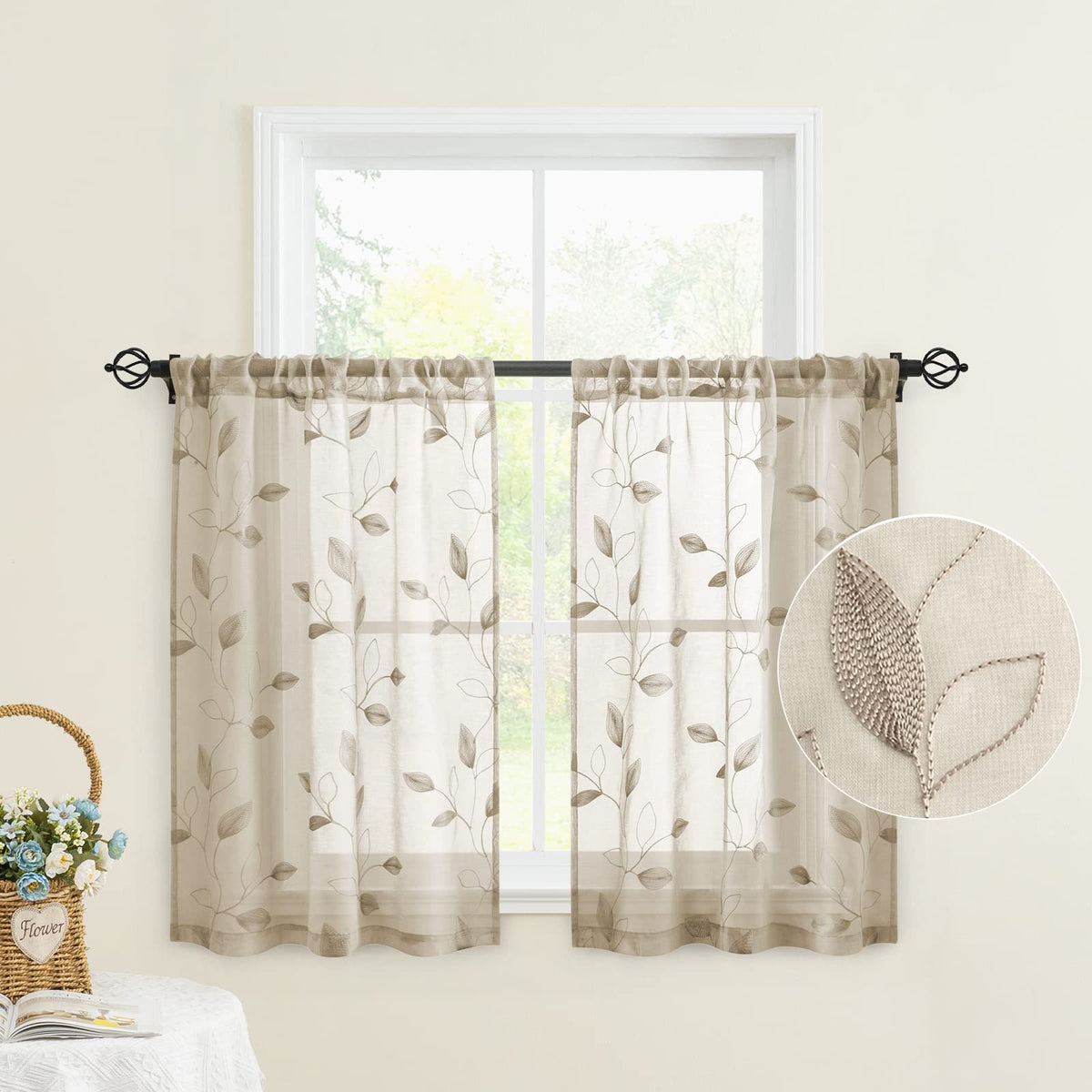 Homeideas Taupe Sheer Kitchen Curtains 30 X 36 Inch Length 2 Panels Beige Embroidered Leaf Pattern Short Curtains For Small Wind