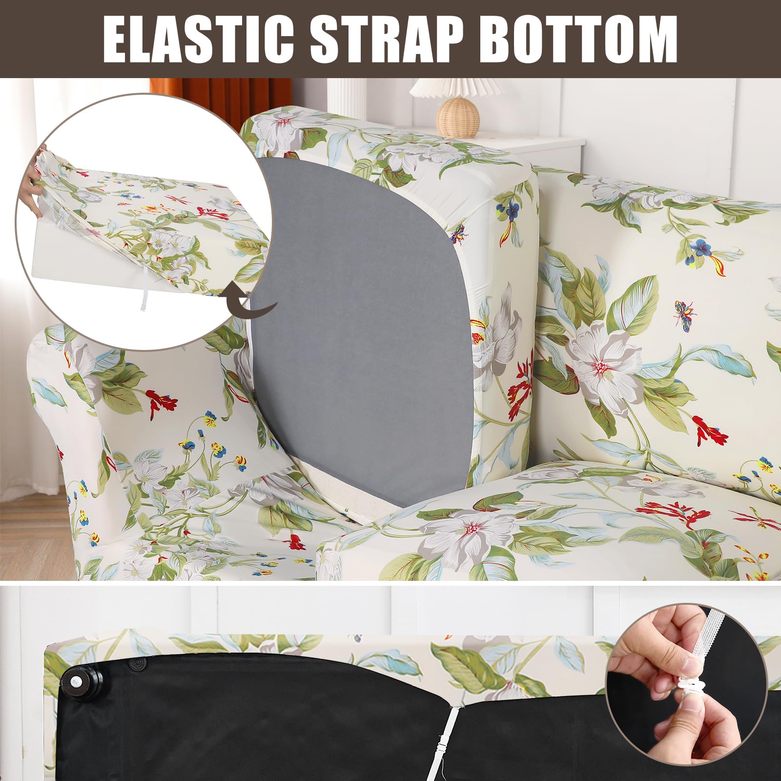 Searchi Stretch Sofa Cover Printed Couch Cover, Floral Pattern 3 Pieces Loveseat Slipcover With 2 Separate Cushion Cover, Washable Furniture Protector For Living Room(Loveseat, Spring Pattern)