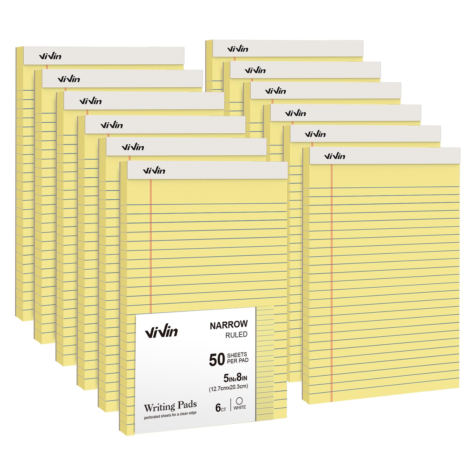 Vivin 5 X 8 Inch Legal Pads, 12 Pack, Narrow Ruled, 50 Sheets Per Writing Pad, Perforated Note Pads Ideal For Home, Office, Busi