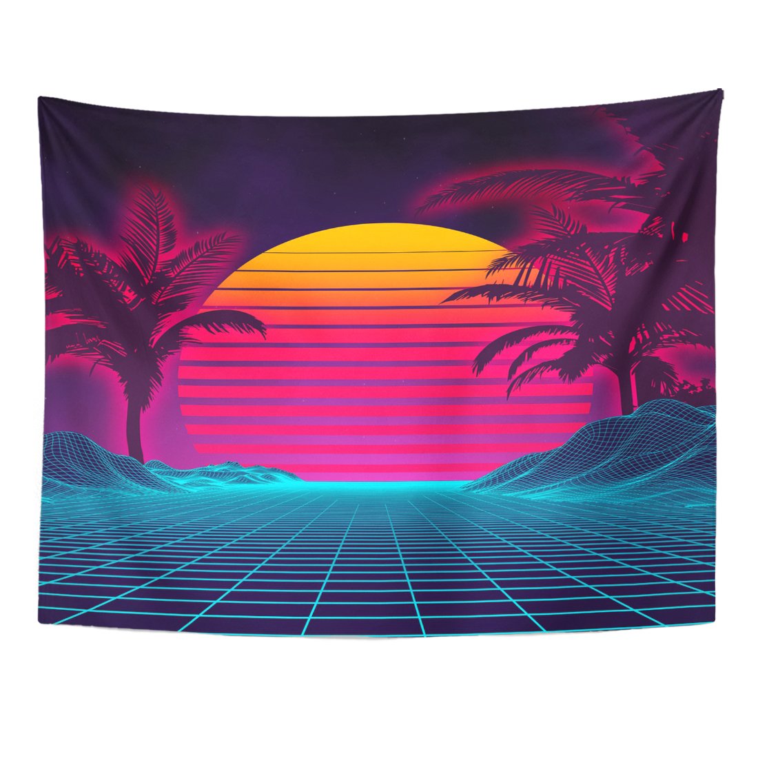 Tompop Tapestry Retro Futuristic Neon Landscape 1980S Digital Cyber 80S Party Sci Neon Home Decor Wall Hanging For Living Room B