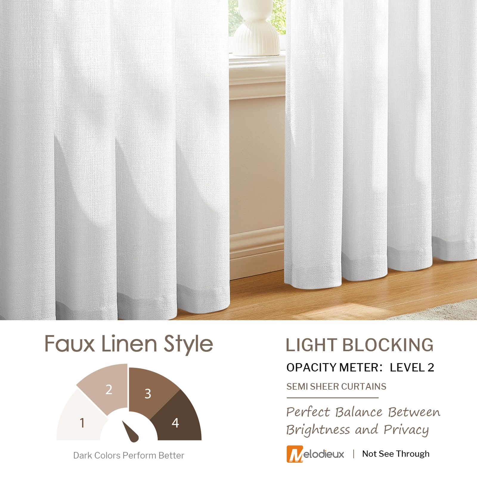 Melodieux White Semi Sheer Curtains 54 Inch Length For Bedroom Living Room, Faux Linen Window Privacy Sheer Drapes Rod Pocket, 5