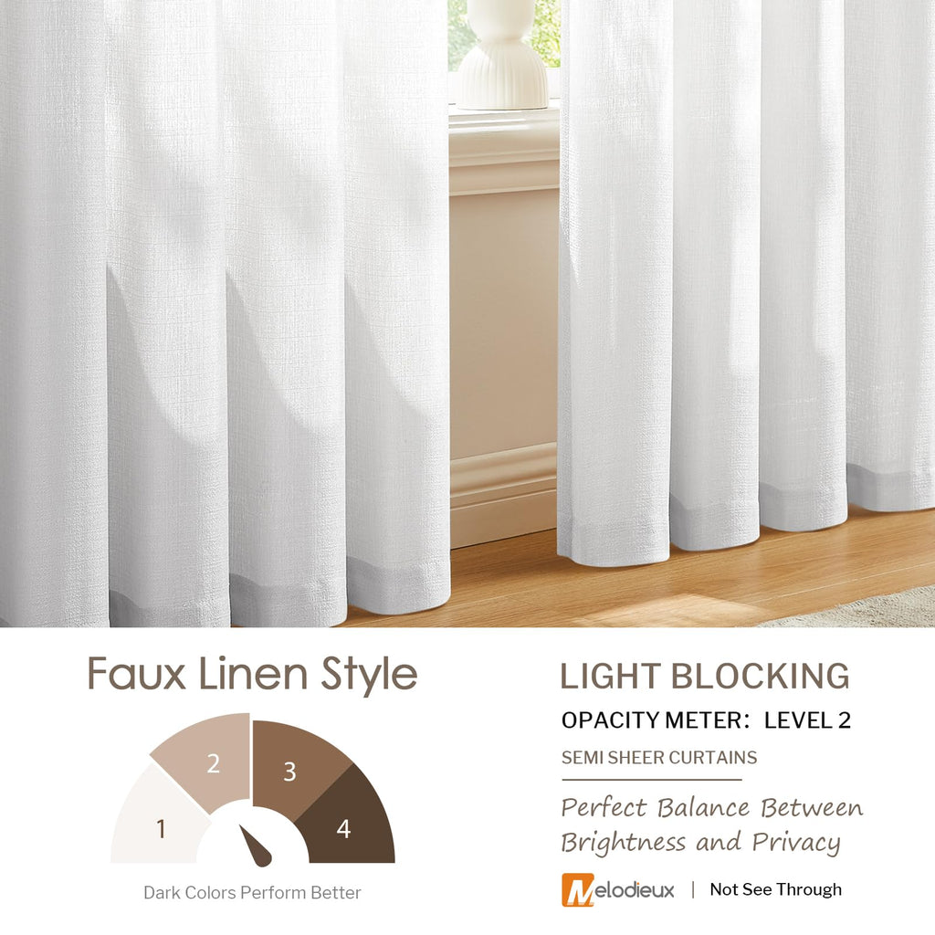 Melodieux White Semi Sheer Curtains 45 Inch Length For Bedroom Kitchen Small Windows, Linen Look Rod Pocket Privacy Sheer Drapes
