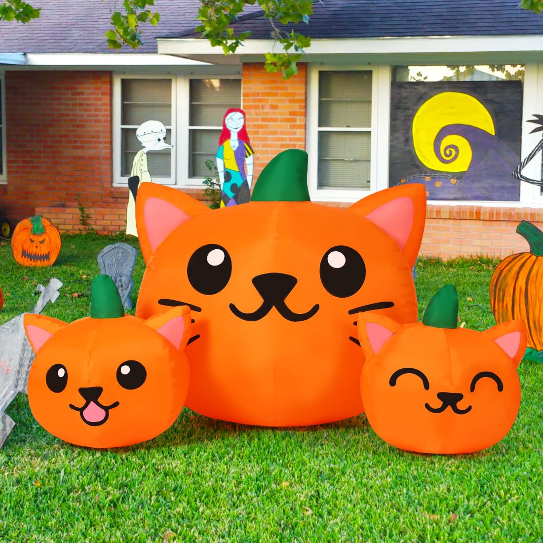 Comin Halloween Inflatable 5Ft Long Three Pumpkin Cat Head Combo With Built-In Leds, Blow Up Yard Decoration For Holiday Party I